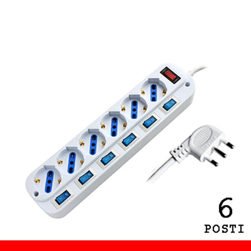 Multipresa 6 Posti Presa Bipasso/Schuko Con Spina 16A Con Interruttori Multipli (Pem203056A-W)