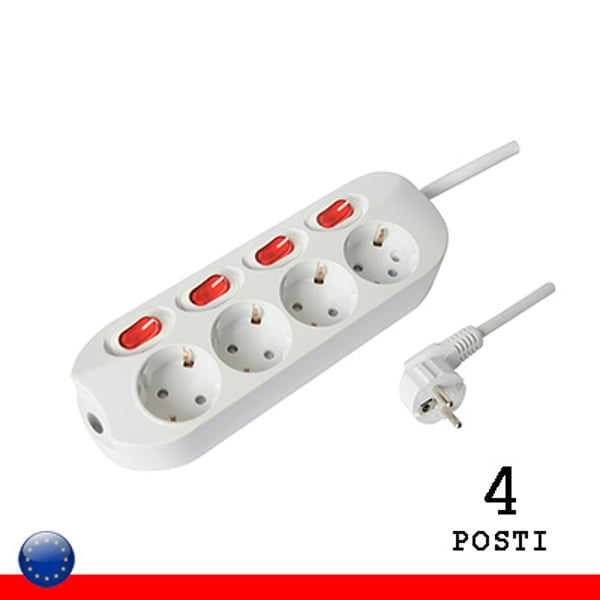 Multipresa 4 Posti Presa Schuko Con Spina Schuko Con Interruttori Multipli (Pem8004S-W)