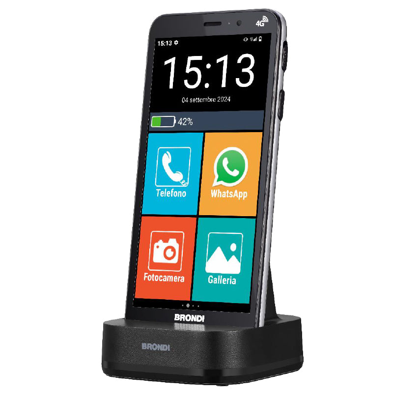 Brondi Amico Vero 4G (Nero) - Smartphone Per Anziani - Tasto Sos - Torcia - Gps - Notifica Ai Parenti In Caso Di Caduta - Controllo Remoto - Fotocamera - Base Di Ricarica - Connettivita 4G